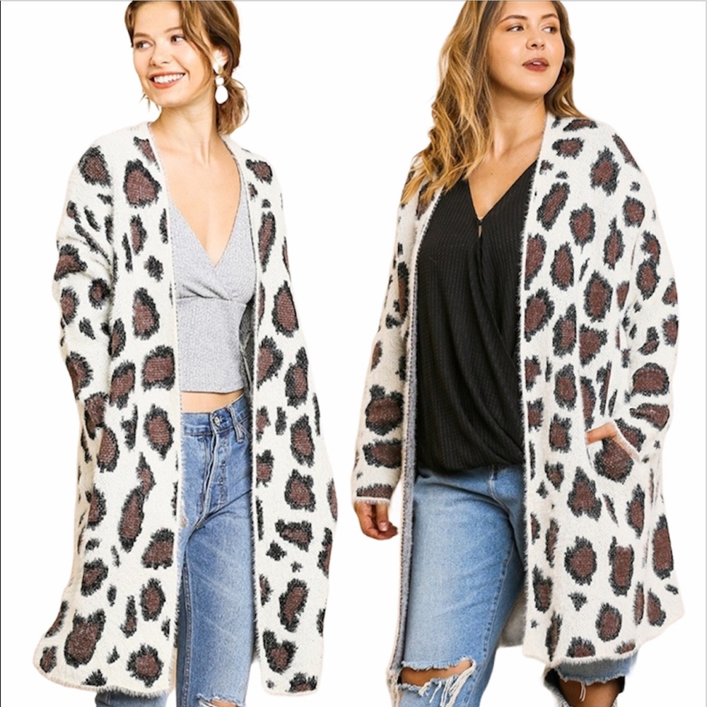 SALE Umgee Fuzzy Cream Leopard Print Cardigan S - Picture 5 of 5